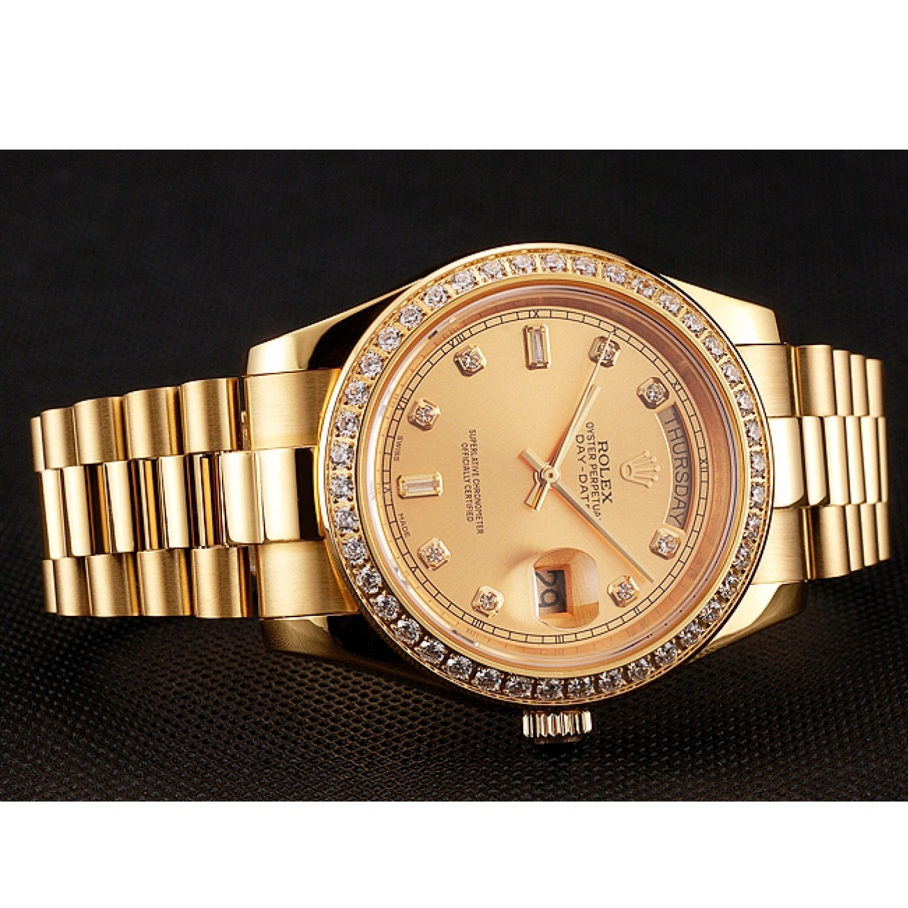 Aaa replica watch Champagne Rolex Gold Dial Day-Date Bezel Diamond Bracelet Swiss 1454099 0623